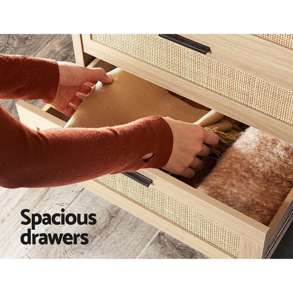 Artiss 4 Chest of Drawers Rattan Tallboy Cabinet Bedroom Clothes Storage Wood Artiss