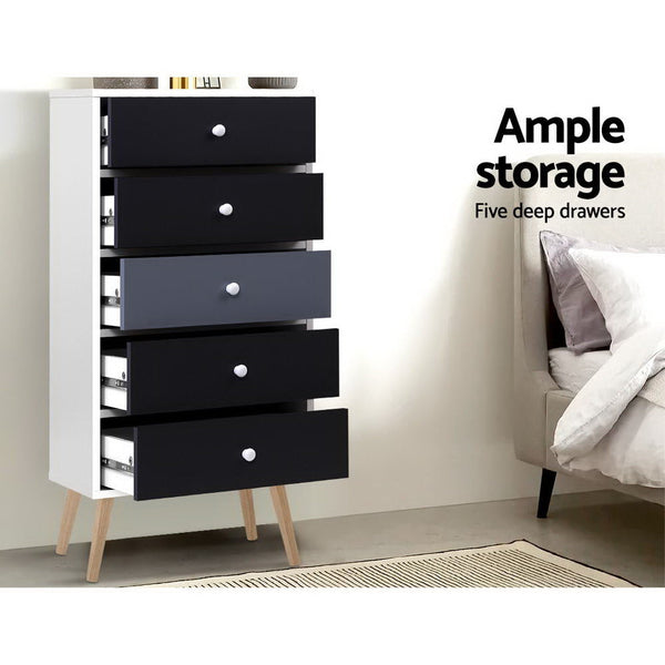 Artiss 5 Chest of Drawers Dresser Table Tallboy Storage Cabinet Furniture Black Artiss