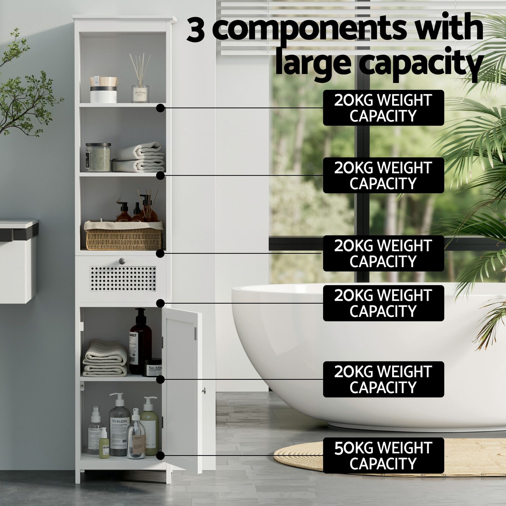 Artiss Bathroom Cabinet Storage X2 White Rattan 161cm Awezingly