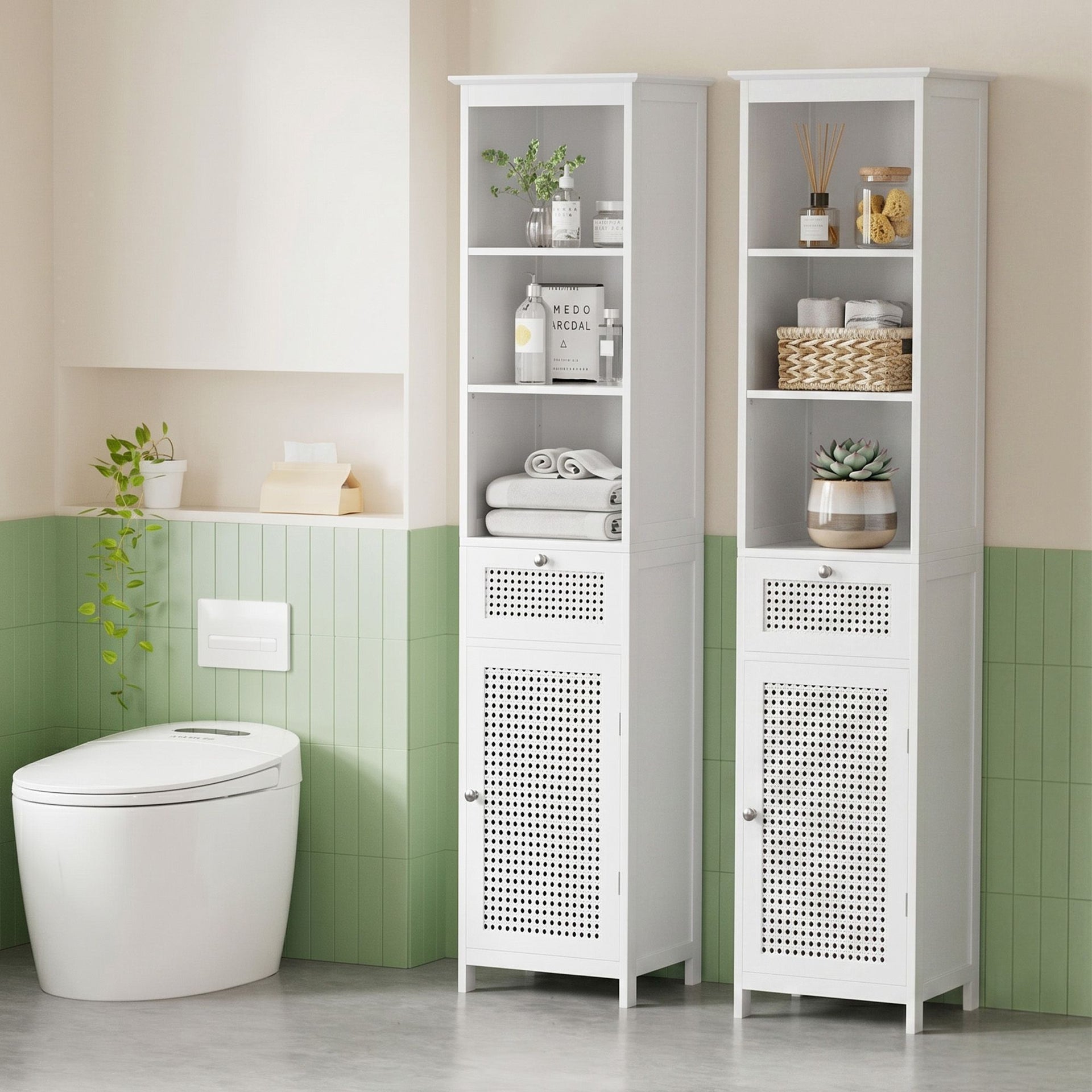 Artiss Bathroom Cabinet Storage X2 White Rattan 161cm Awezingly