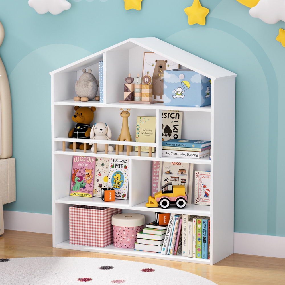 Keezi 4 Tiers Kids Bookshelf Wooden Bookcase Display Storage Organiser Cabinet White Awezingly
