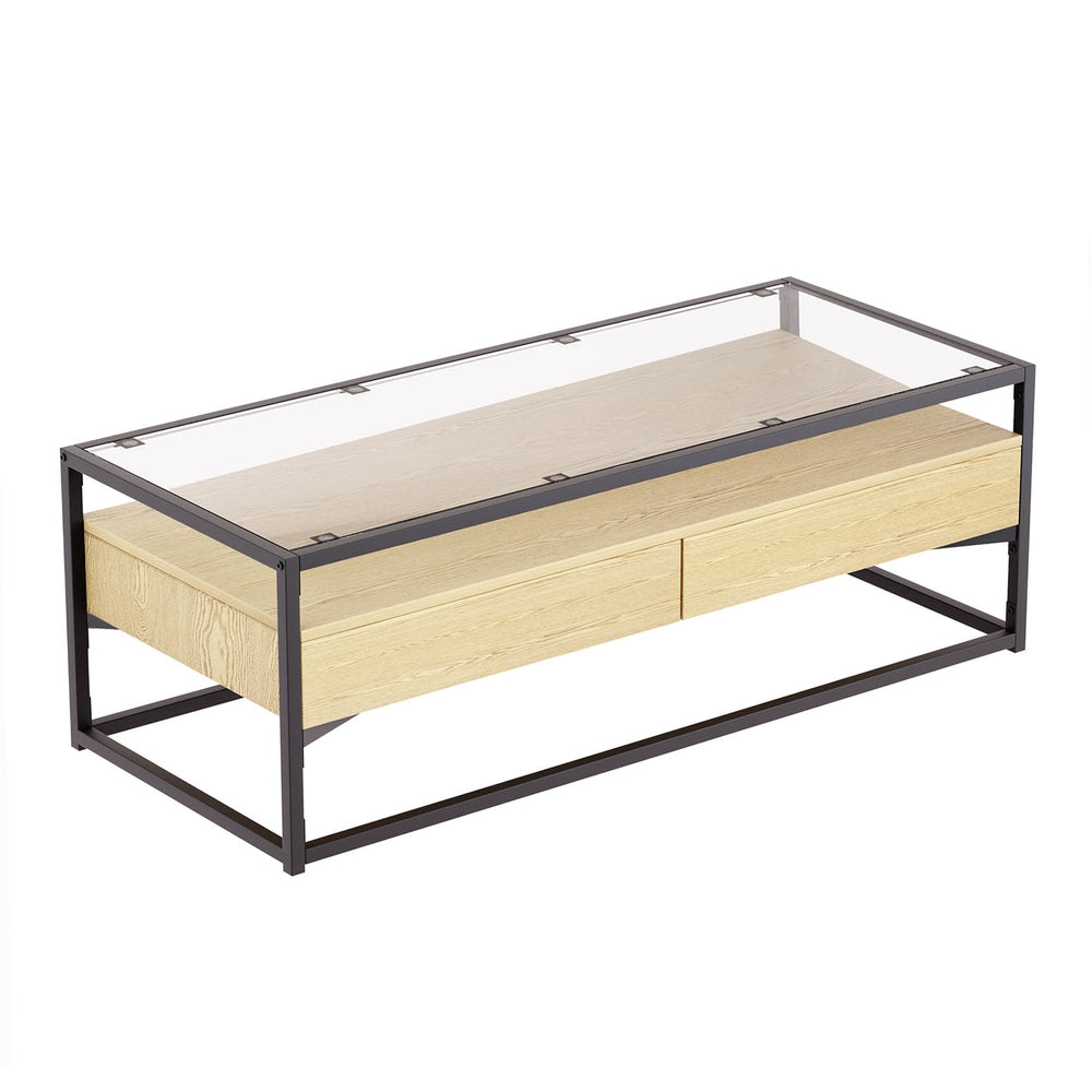 Artiss Coffee Table 2 Drawers Glass Tabletop Pine Artiss