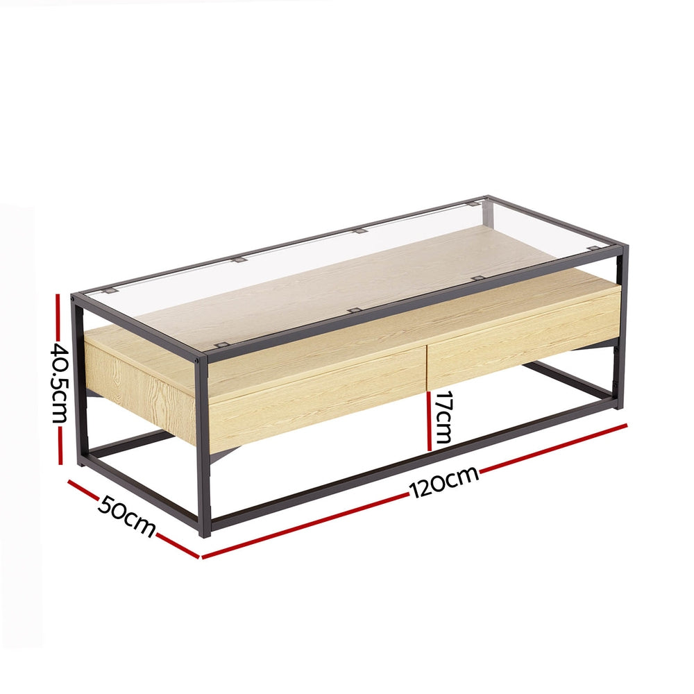 Artiss Coffee Table 2 Drawers Glass Tabletop Pine Artiss