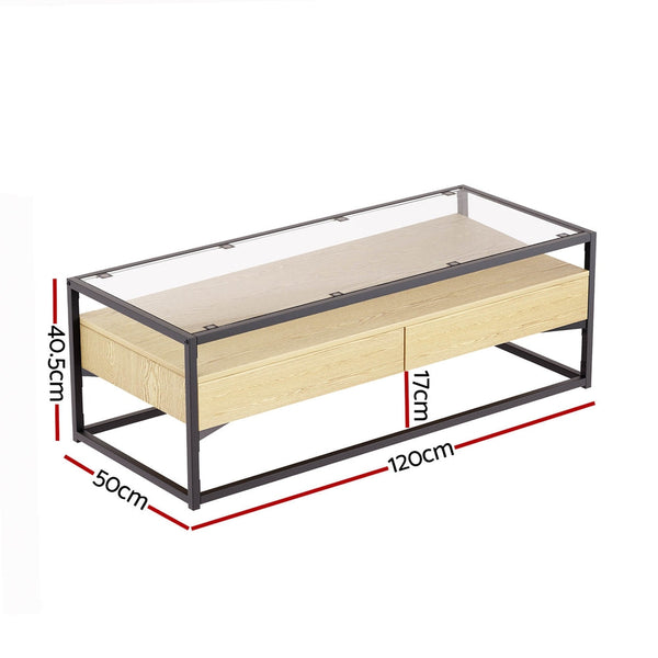 Artiss Coffee Table 2 Drawers Glass Tabletop Pine Artiss