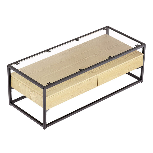Artiss Coffee Table 2 Drawers Glass Tabletop Pine Artiss