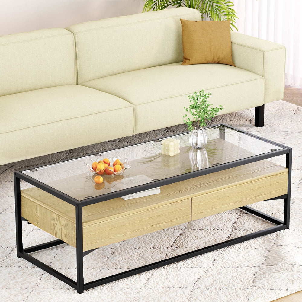 Artiss Coffee Table 2 Drawers Glass Tabletop Pine Artiss