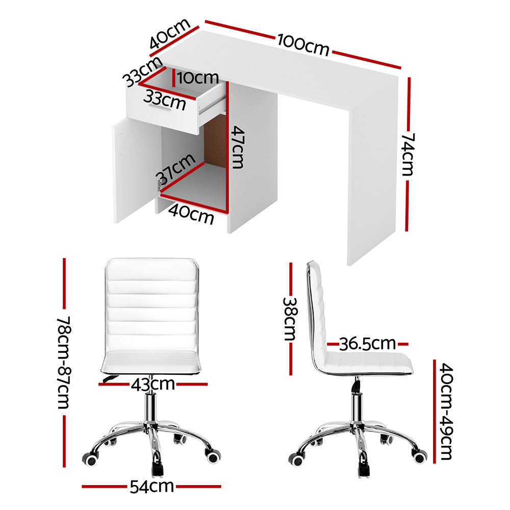 Artiss Computer Desk Office Chair Set PU Leather Home Study Table 100cm White Awezingly