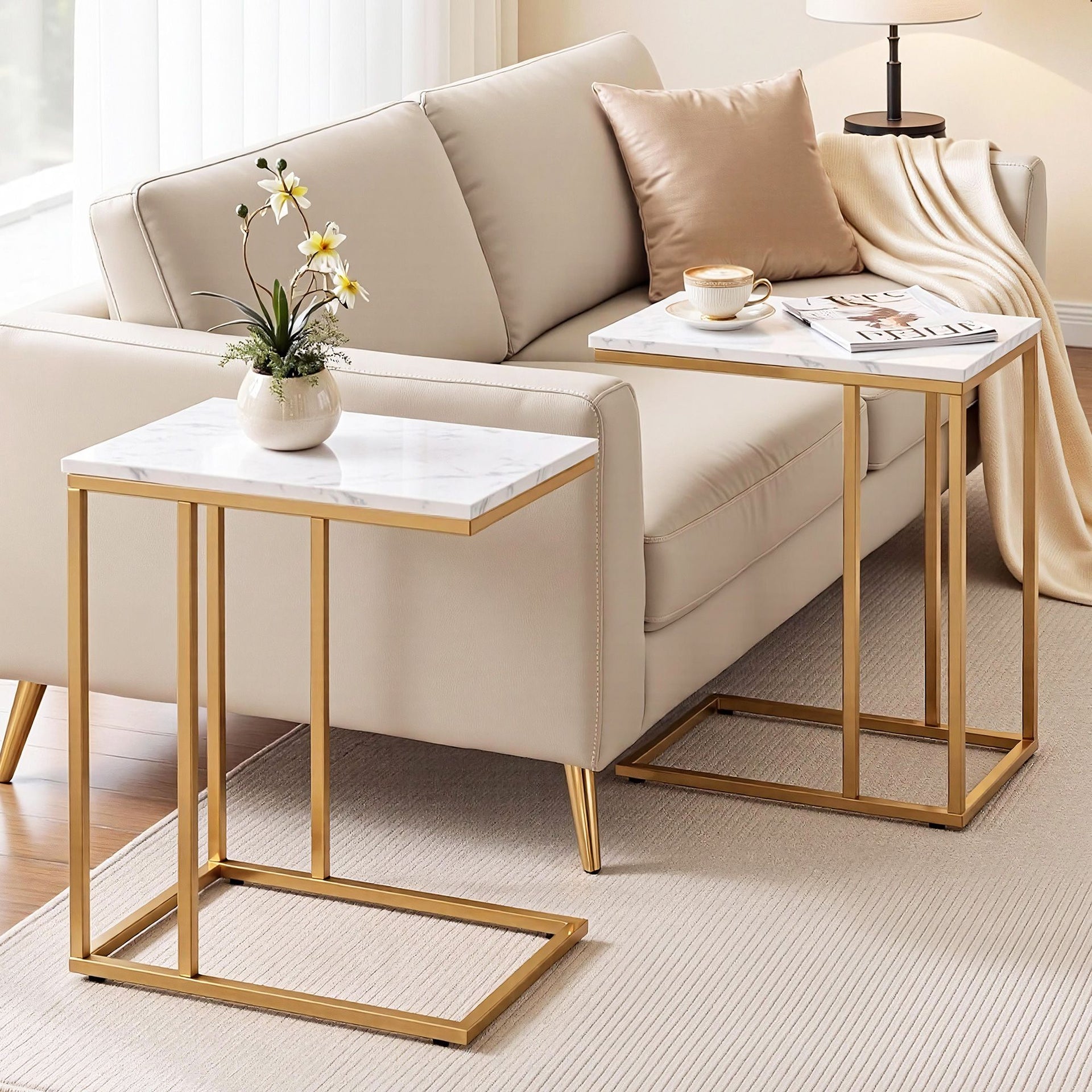 Artiss C Shaped End Table Set of 2 Coffee Table Side Table White & Gold Awezingly