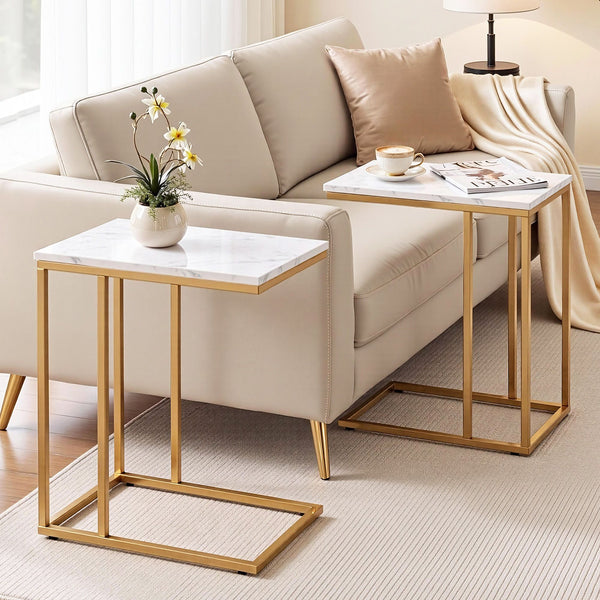 Artiss C Shaped End Table Set of 2 Coffee Table Side Table White & Gold Awezingly