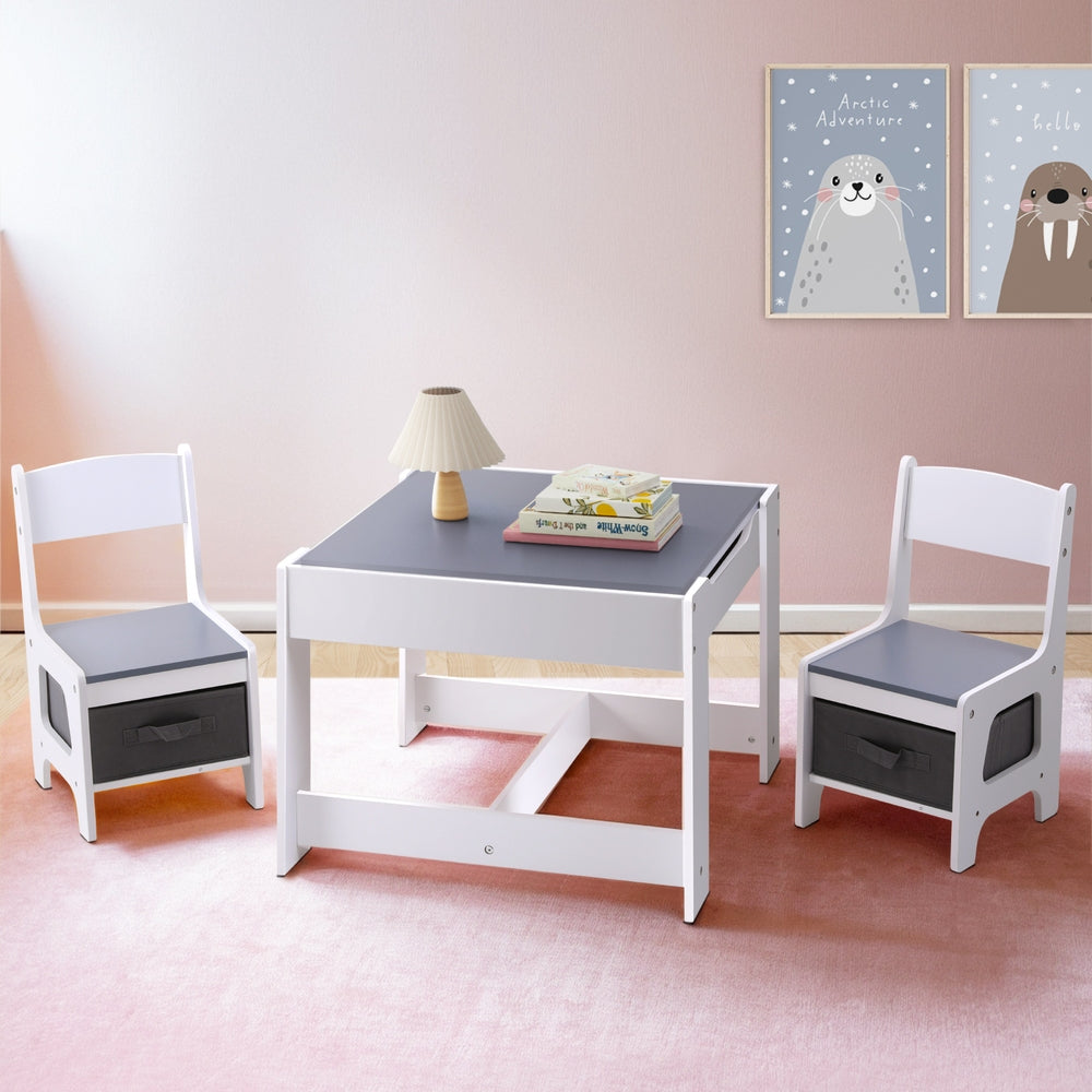 Keezi Kids Table and Chairs Set Play Activity Toys Storage Chalkboard Desk Grey Keezi