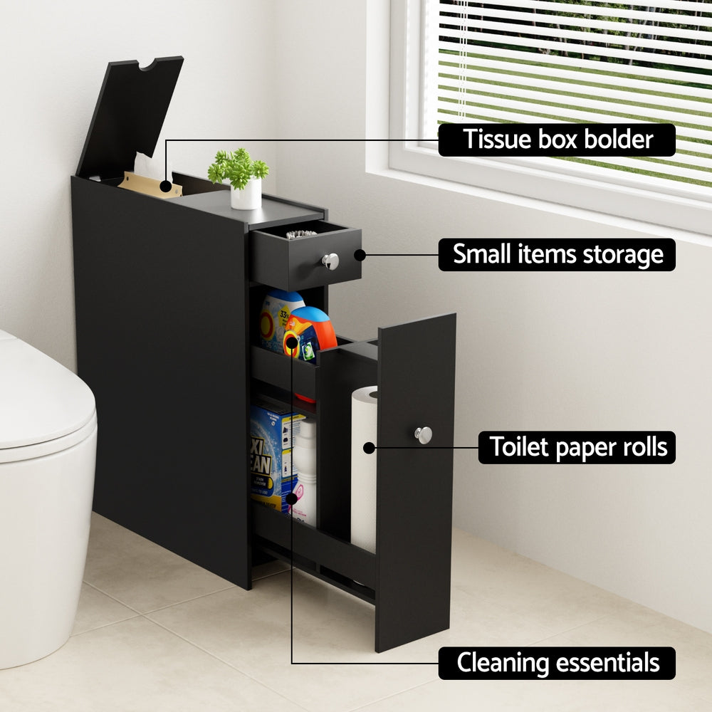Artiss Bathroom Storage Cabinet Toilet Slim Tissue Box Caddy Holder Side Wooden Black Artiss