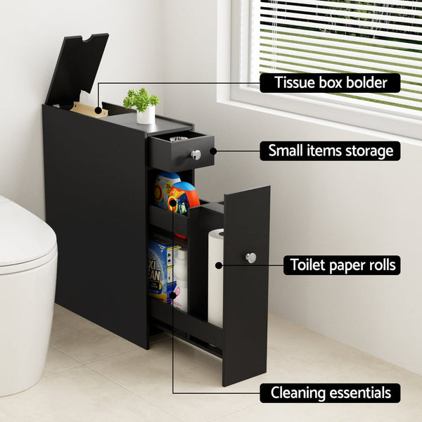 Artiss Bathroom Storage Cabinet Toilet Slim Tissue Box Caddy Holder Side Wooden Black Artiss