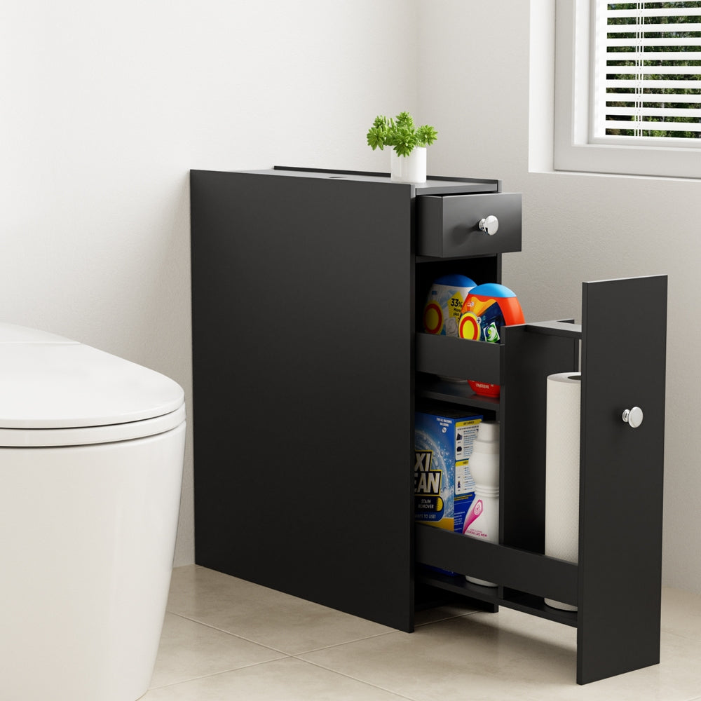Artiss Bathroom Storage Cabinet Toilet Slim Tissue Box Caddy Holder Side Wooden Black Artiss