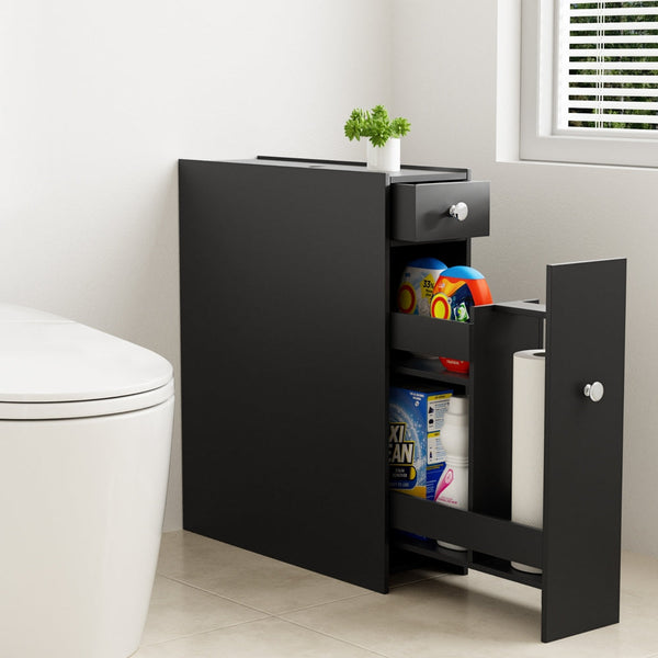 Artiss Bathroom Storage Cabinet Toilet Slim Tissue Box Caddy Holder Side Wooden Black Artiss
