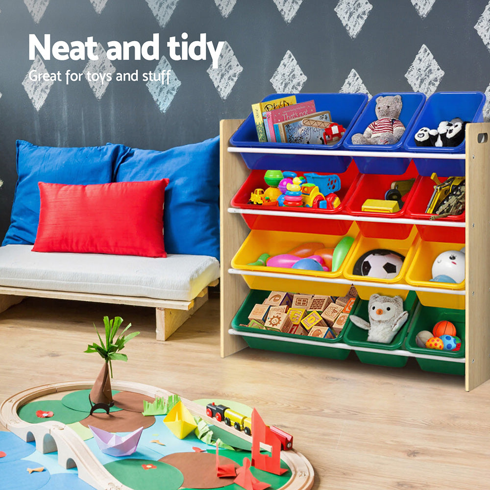 Keezi Kids Toy Box 12 Bins Bookshelf Organiser Children Storage Rack Awezingly
