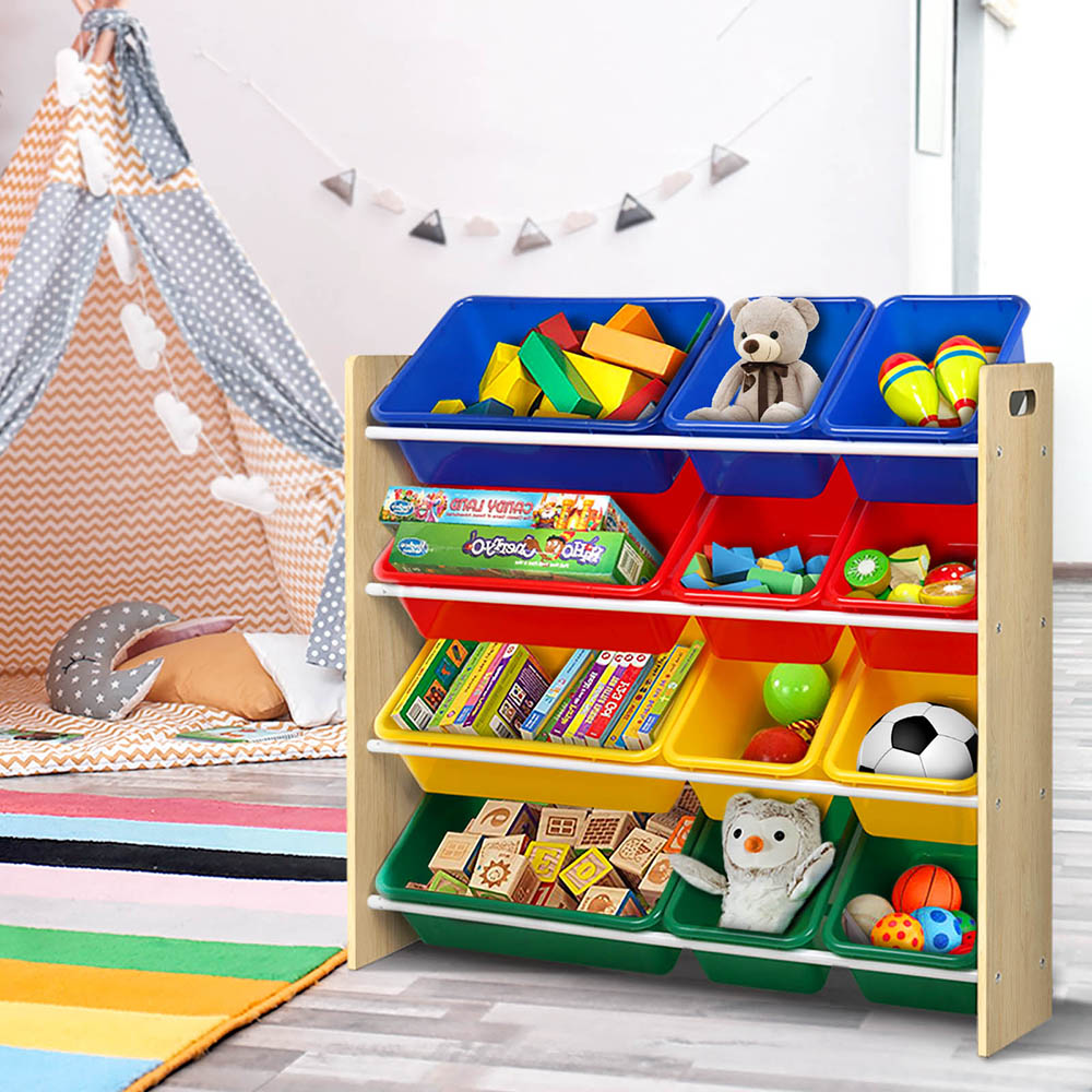 Keezi Kids Toy Box 12 Bins Bookshelf Organiser Children Storage Rack Awezingly