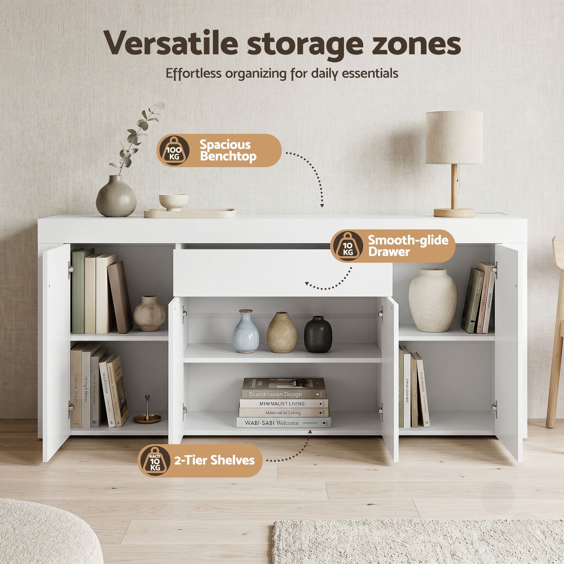 Artiss Buffet Sideboard Cabinet 180cm Cupboard Pantry Storage Drawer White DANA Awezingly