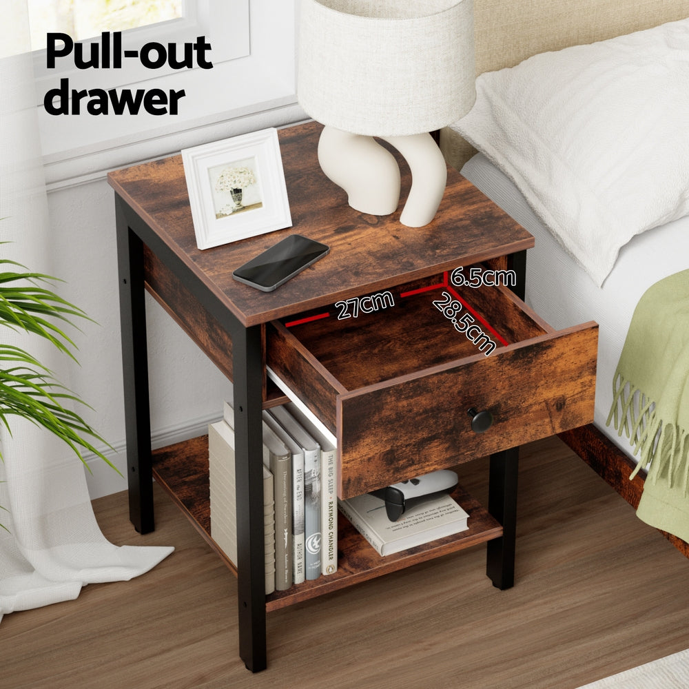 Artiss Bedside Table Nightstand 1 Drawer Shelves Walnut Awezingly