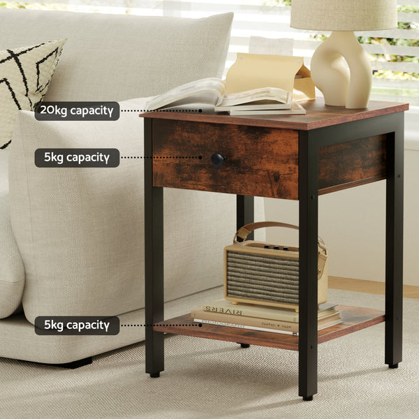 Artiss Bedside Table Nightstand 1 Drawer Shelves Walnut Awezingly