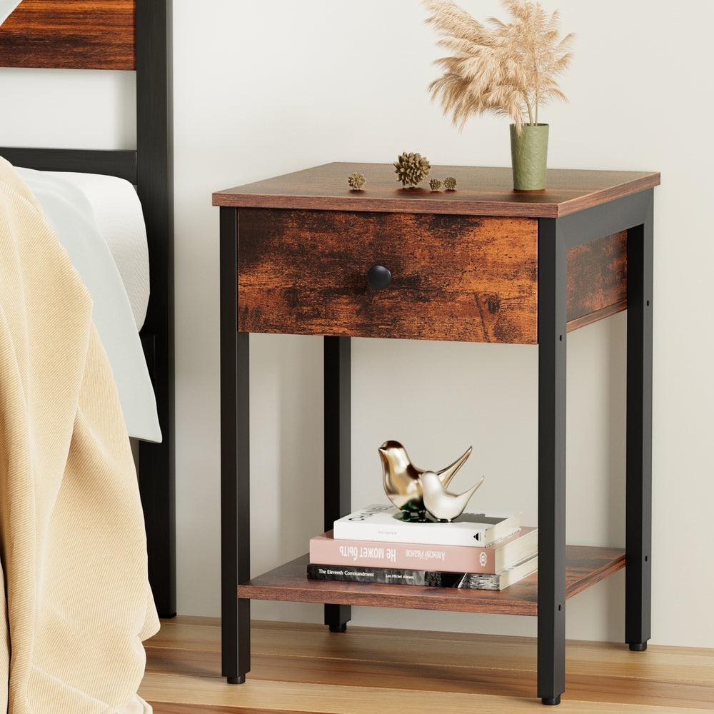 Artiss Bedside Table Nightstand 1 Drawer Shelves Walnut Awezingly