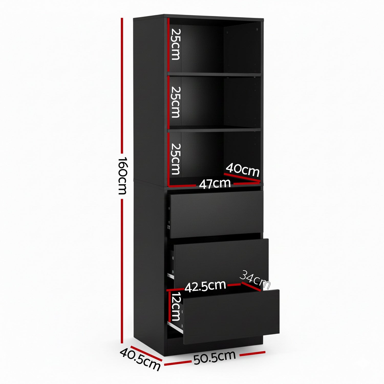 Artiss 3 Chest of Drawers Tallboy Cabinet Black Artiss