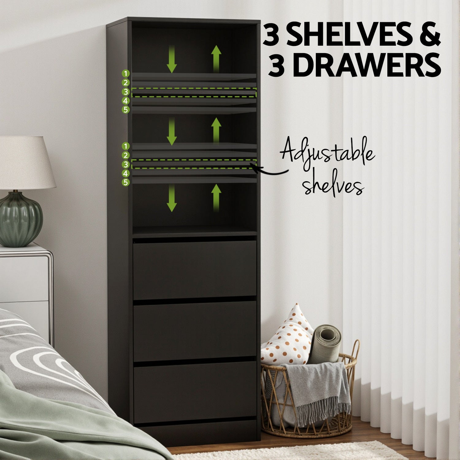 Artiss 3 Chest of Drawers Tallboy Cabinet Black Artiss