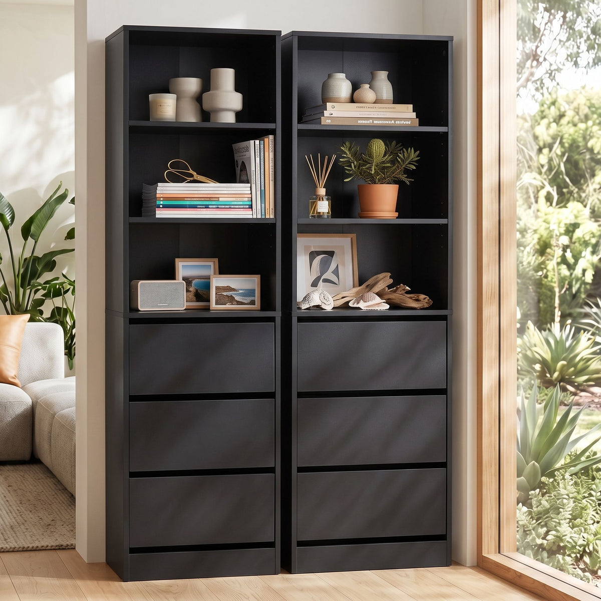 Artiss 2x Chest of 3 Drawers Tallboy Cabinet Black Awezingly