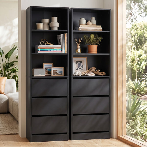 Artiss 2x Chest of 3 Drawers Tallboy Cabinet Black Awezingly