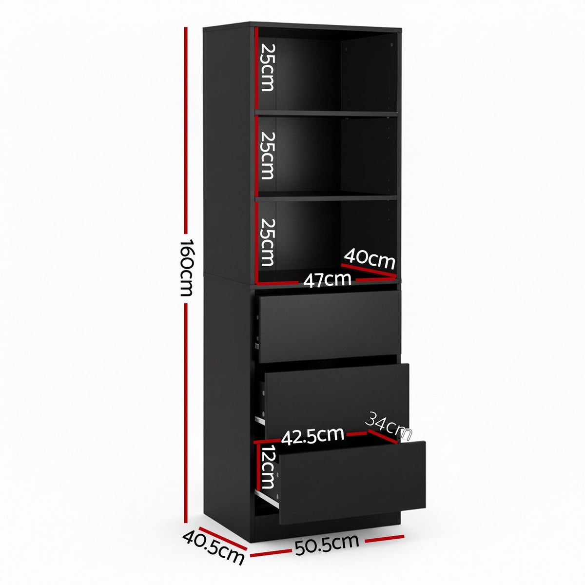 Artiss 2x Chest of 3 Drawers Tallboy Cabinet Black Awezingly