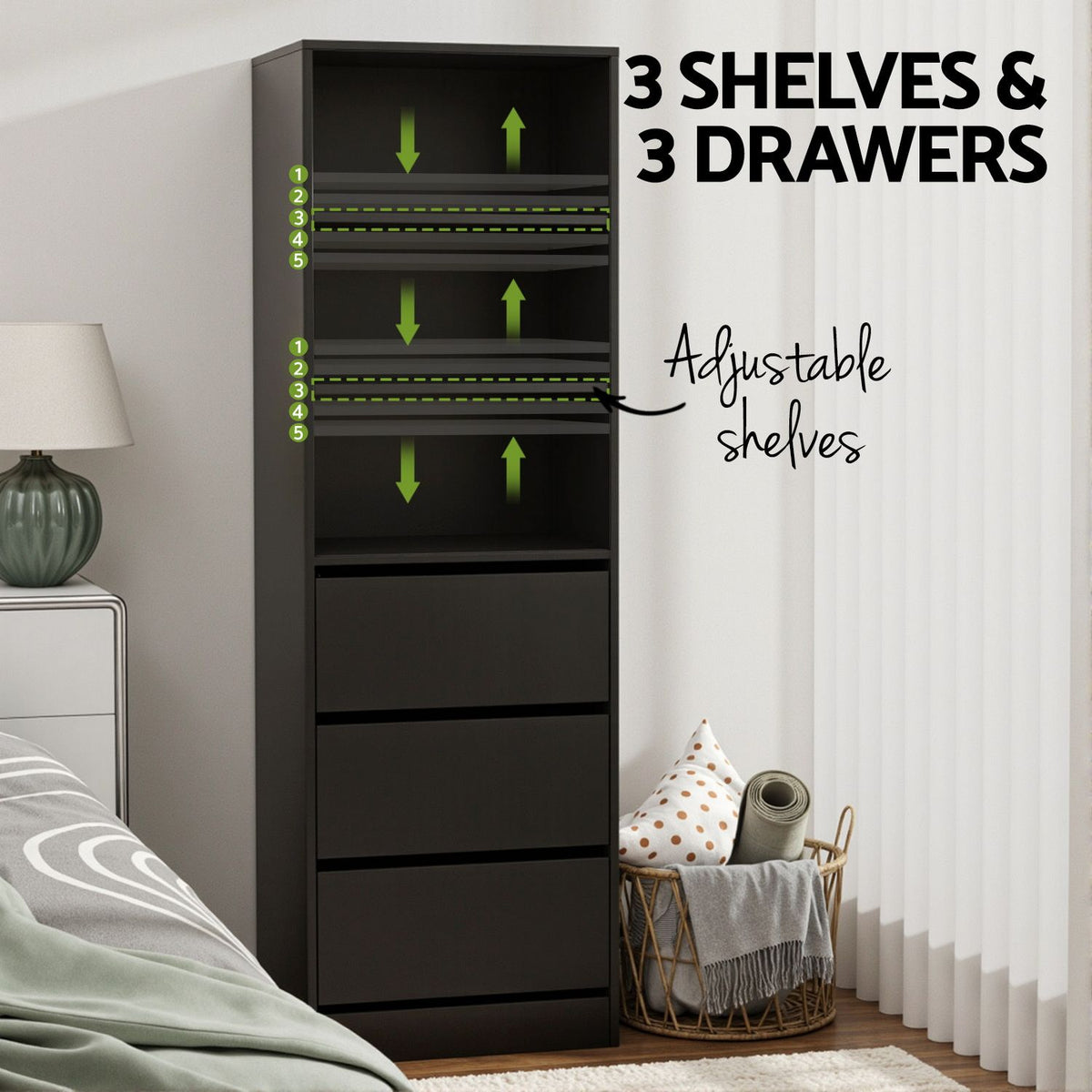 Artiss 2x Chest of 3 Drawers Tallboy Cabinet Black Awezingly