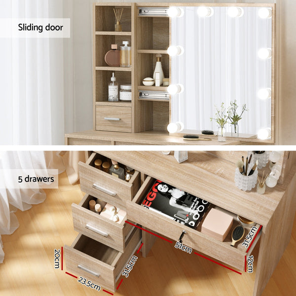 Artiss Dressing Table Set Stool 10 Led Bulbs Wood Artiss