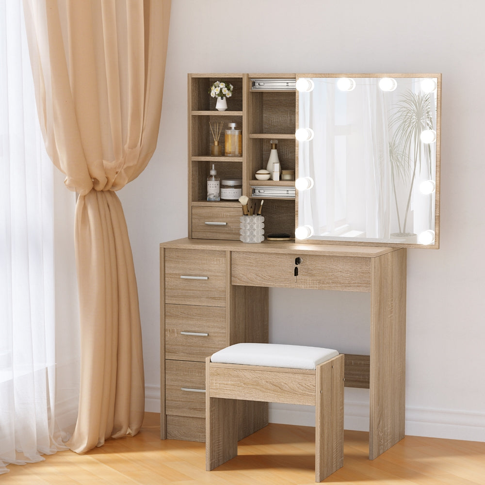 Artiss Dressing Table Set Stool 10 Led Bulbs Wood Artiss