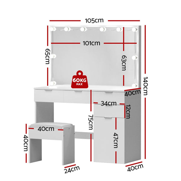 Artiss Dressing Table Set Stool 10 Led Bulbs White Artiss