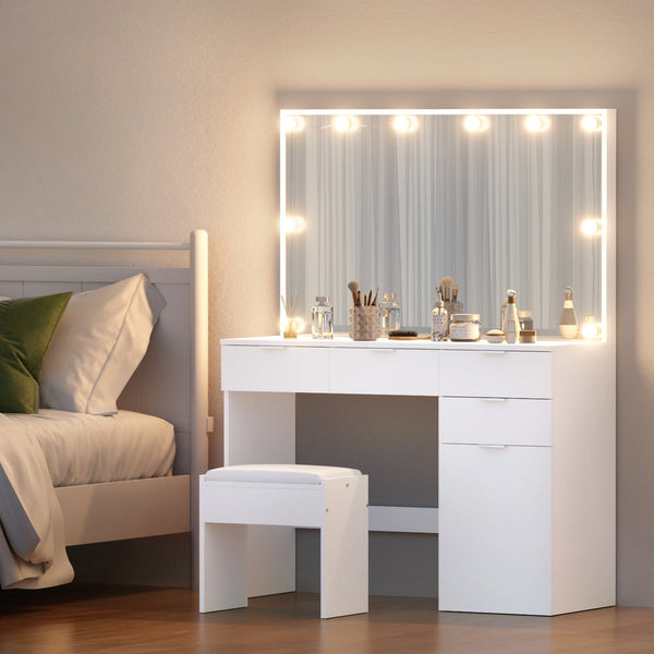 Artiss Dressing Table Set Stool 10 Led Bulbs White Artiss