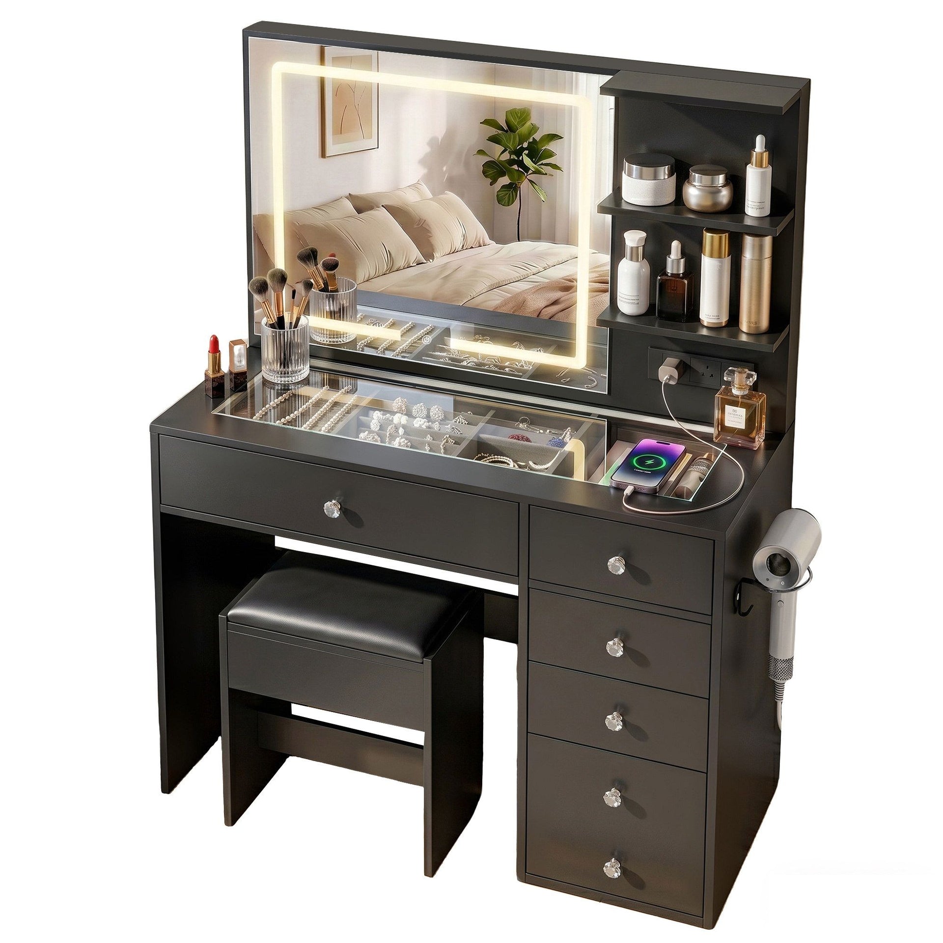 Artiss Dressing Table LED Vanity Desk Set Stool Black Awezingly