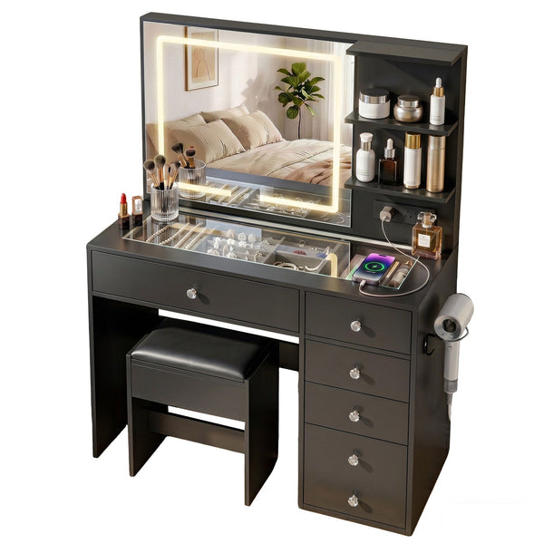 Artiss Dressing Table LED Vanity Desk Set Stool Black Awezingly