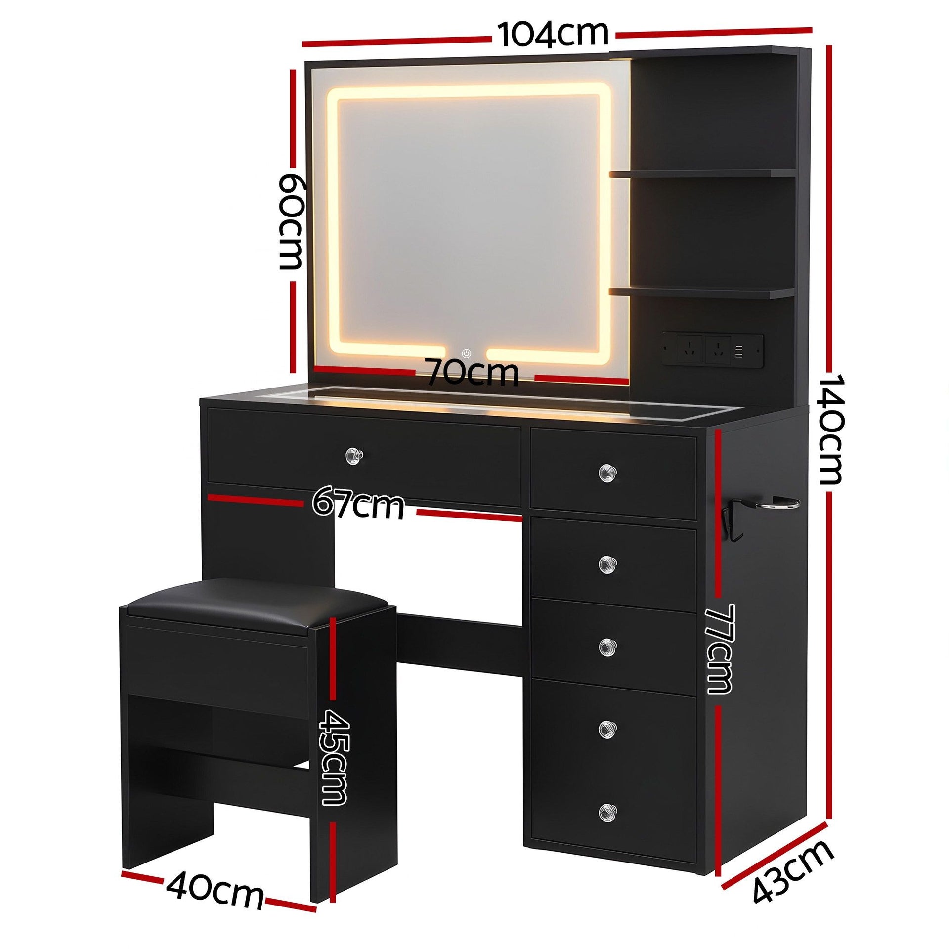 Artiss Dressing Table LED Vanity Desk Set Stool Black Awezingly