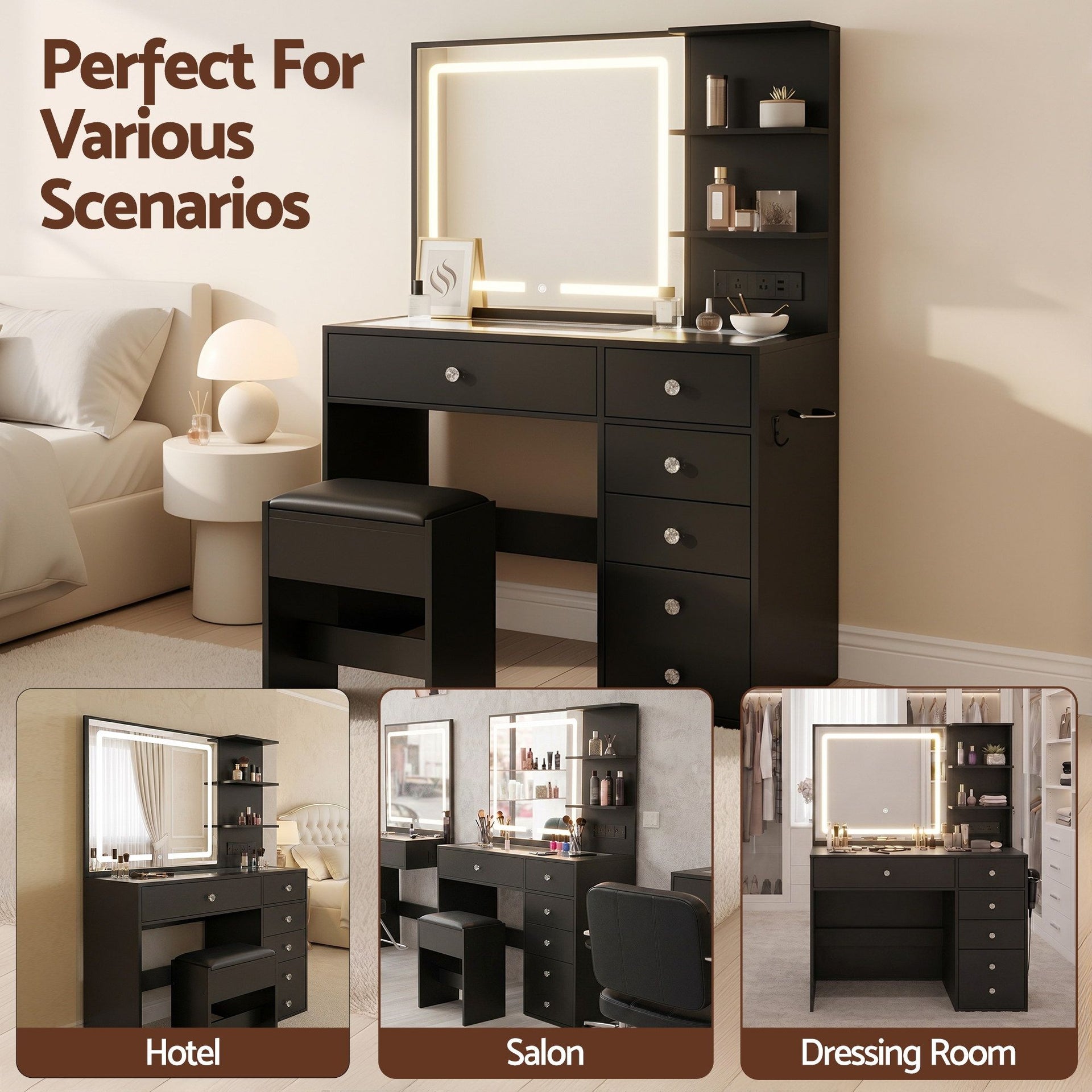 Artiss Dressing Table LED Vanity Desk Set Stool Black Awezingly