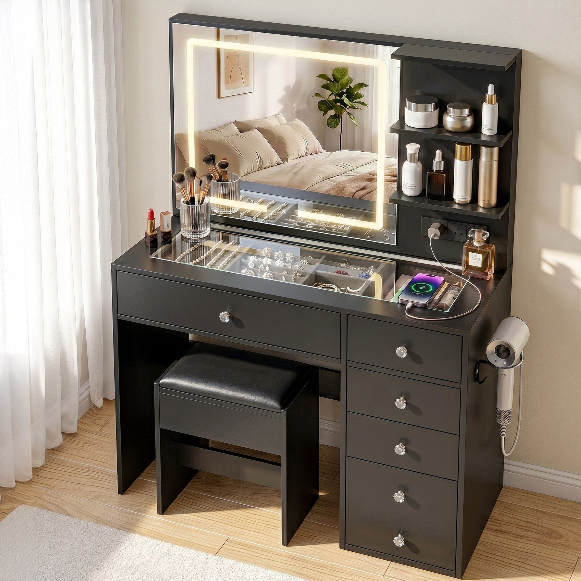 Artiss Dressing Table LED Vanity Desk Set Stool Black Awezingly