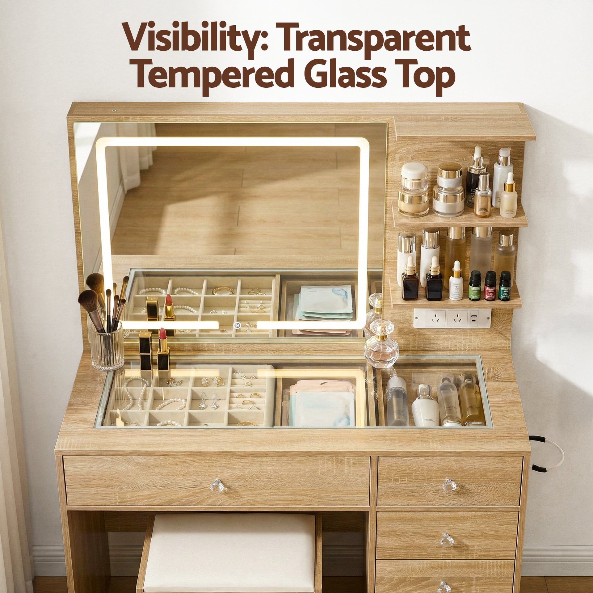 Artiss Dressing Table LED Vanity Desk Set Stool Wood Artiss