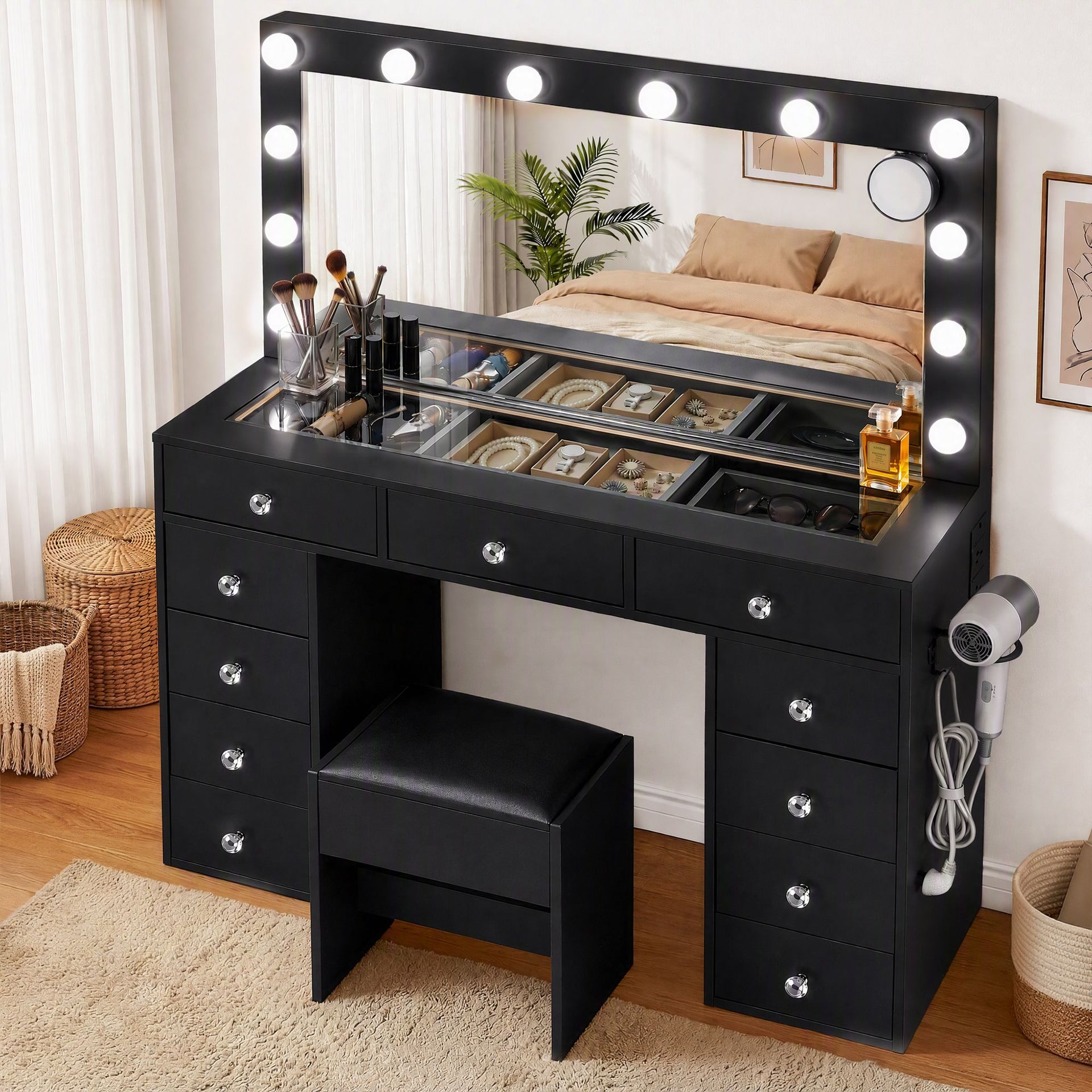Artiss Dressing Table Charging Station LED Vanity Desk Set Stool Glass Top Make up Mirror Storage Drawer Black Awezingly