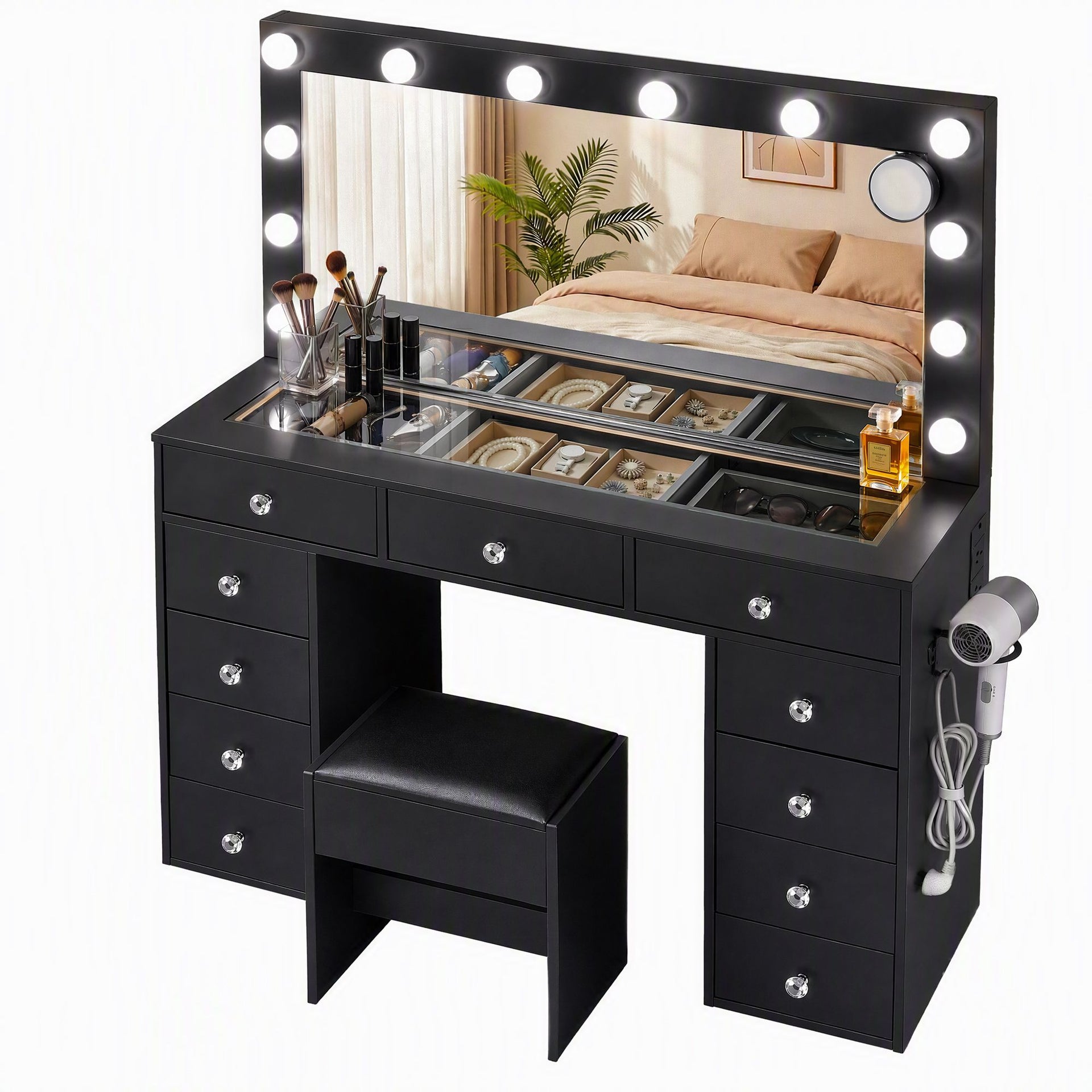 Artiss Dressing Table Charging Station LED Vanity Desk Set Stool Glass Top Make up Mirror Storage Drawer Black Awezingly