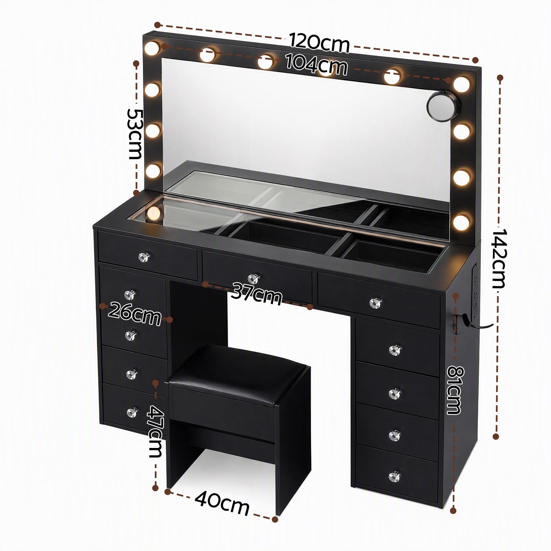 Artiss Dressing Table Charging Station LED Vanity Desk Set Stool Glass Top Make up Mirror Storage Drawer Black Awezingly