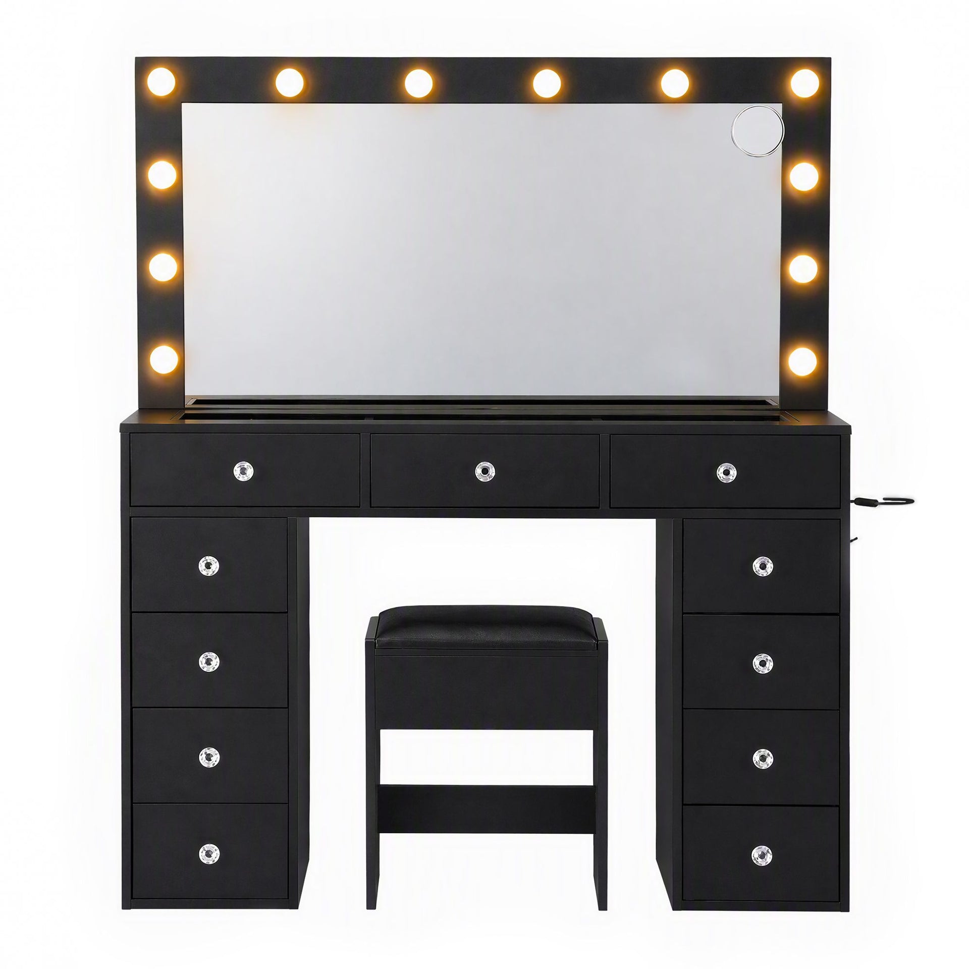 Artiss Dressing Table Charging Station LED Vanity Desk Set Stool Glass Top Make up Mirror Storage Drawer Black Awezingly