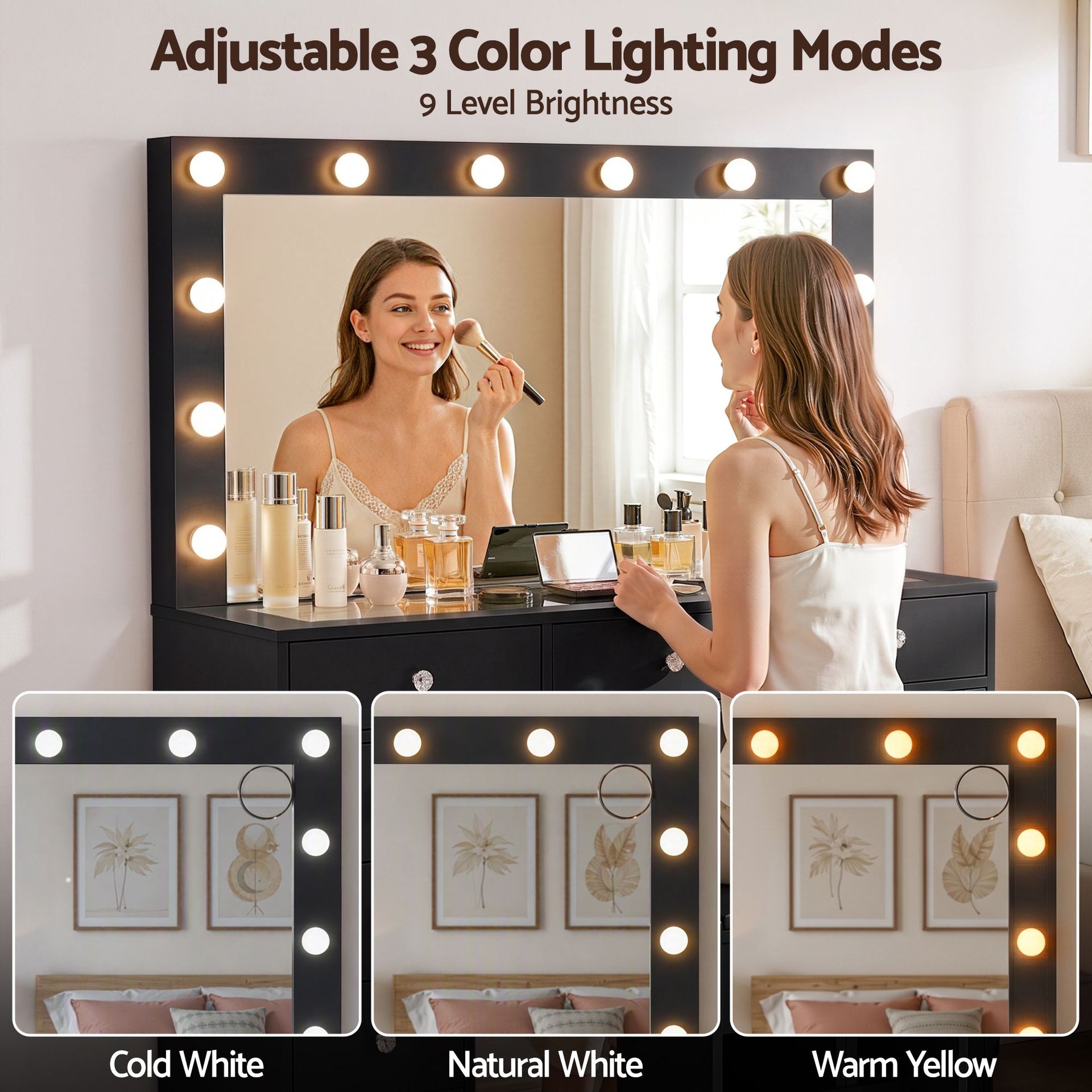 Artiss Dressing Table Charging Station LED Vanity Desk Set Stool Glass Top Make up Mirror Storage Drawer Black Awezingly