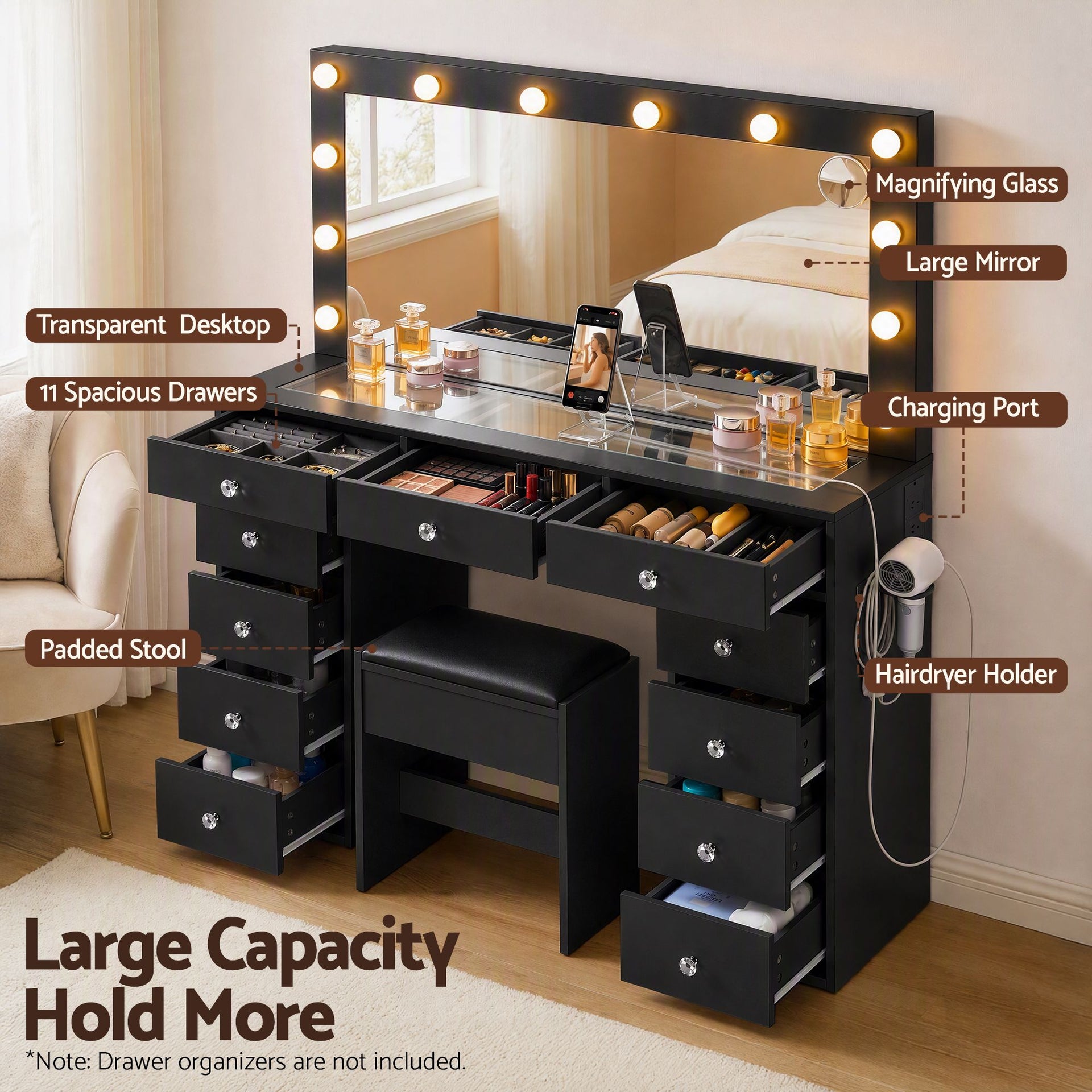 Artiss Dressing Table Charging Station LED Vanity Desk Set Stool Glass Top Make up Mirror Storage Drawer Black Awezingly