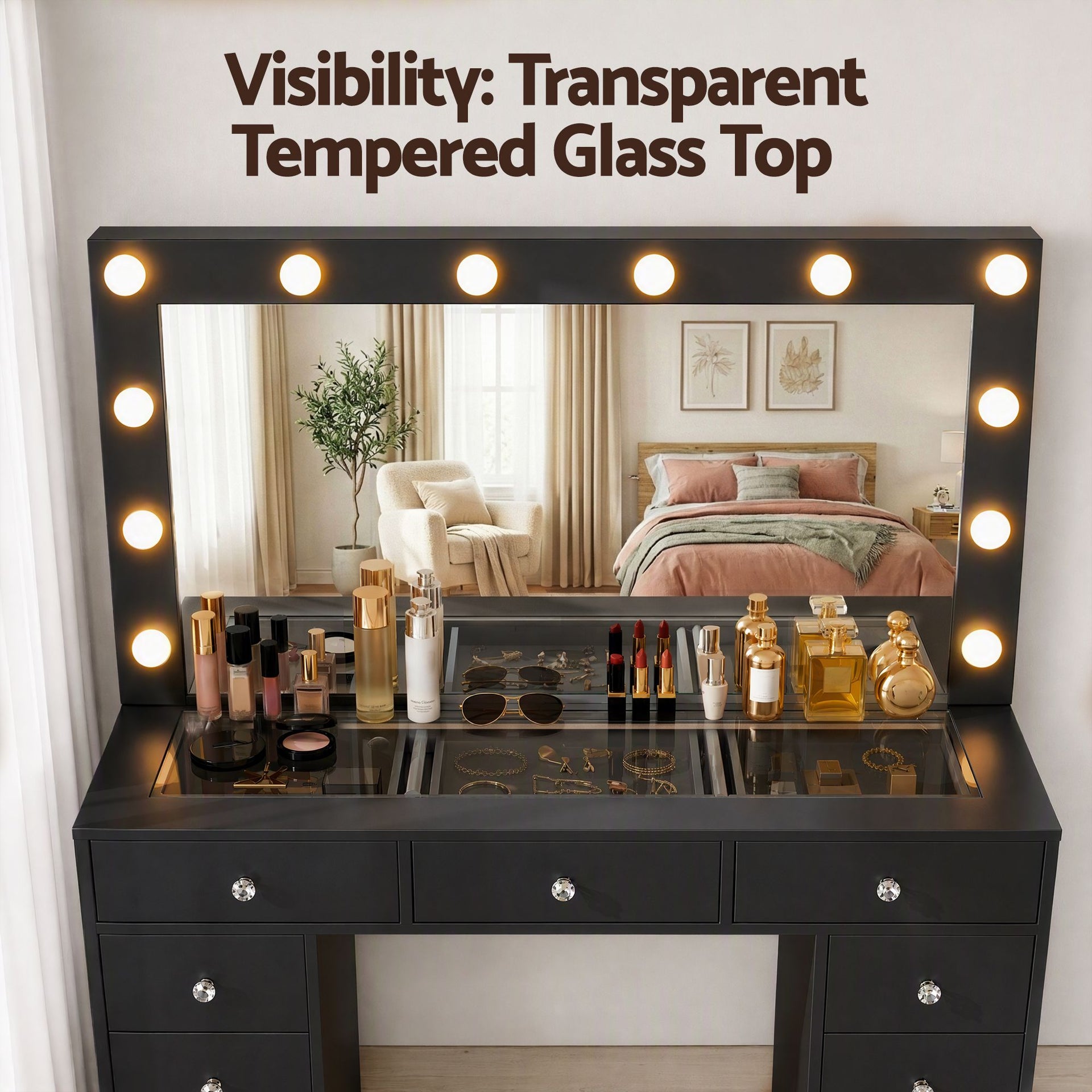 Artiss Dressing Table Charging Station LED Vanity Desk Set Stool Glass Top Make up Mirror Storage Drawer Black Awezingly