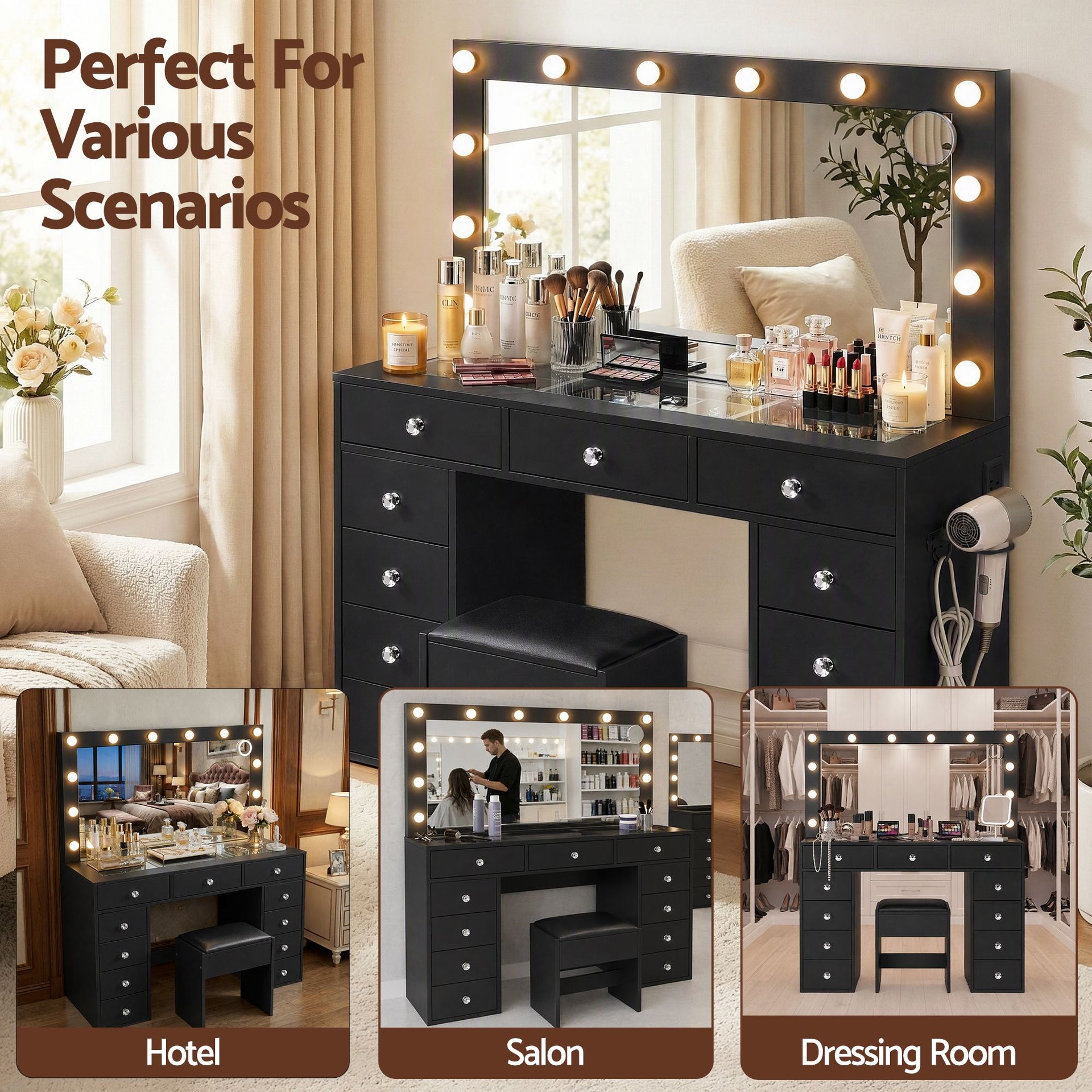 Artiss Dressing Table Charging Station LED Vanity Desk Set Stool Glass Top Make up Mirror Storage Drawer Black Awezingly