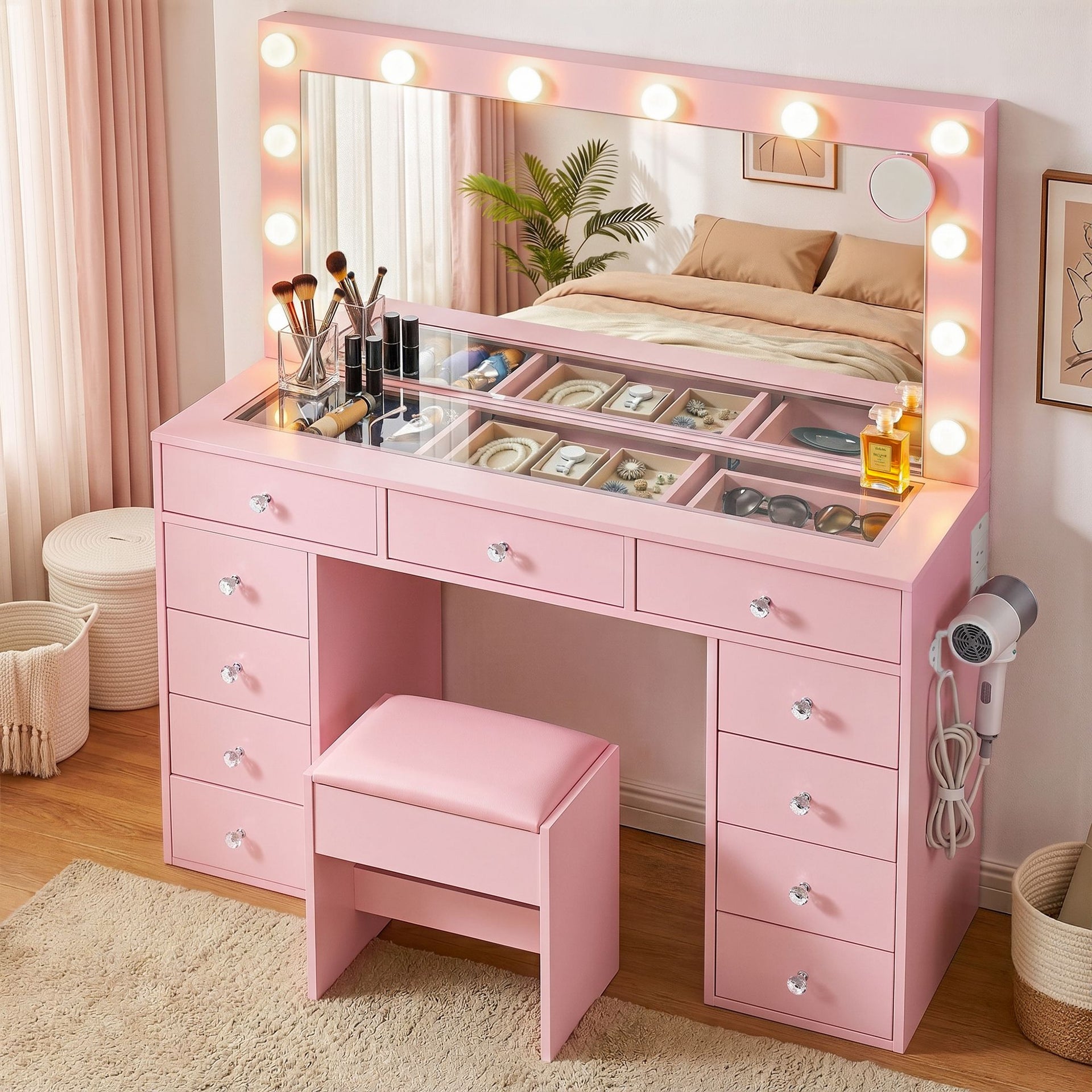 Artiss Dressing Table Charging Station LED Vanity Desk Set Stool Glass Top Make up Mirror Storage Drawer Pink Awezingly