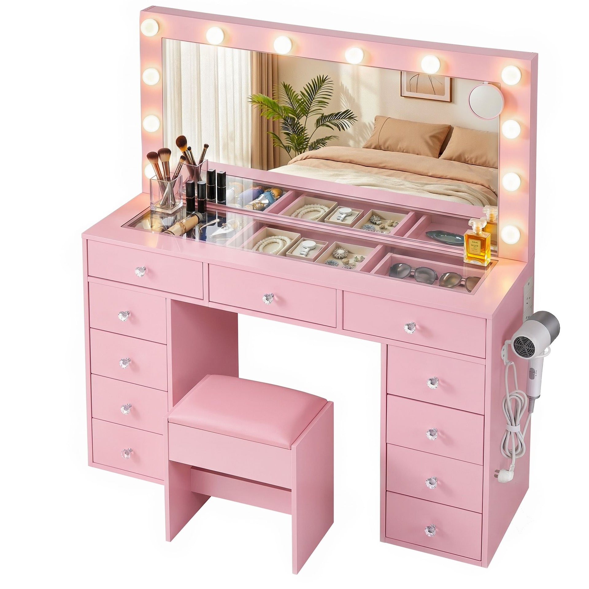Artiss Dressing Table Charging Station LED Vanity Desk Set Stool Glass Top Make up Mirror Storage Drawer Pink Awezingly